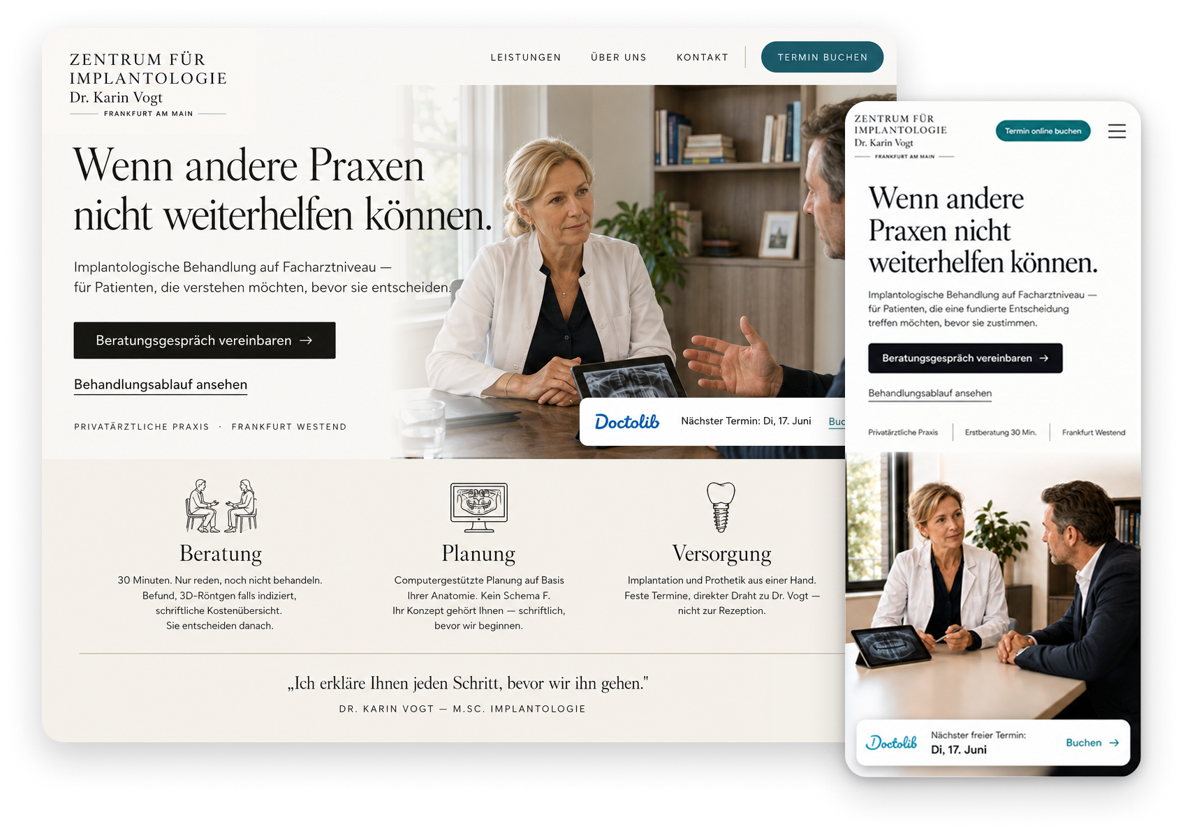 Beispieldesign für eine private Implantologie-Praxis mit Beratungsfokus