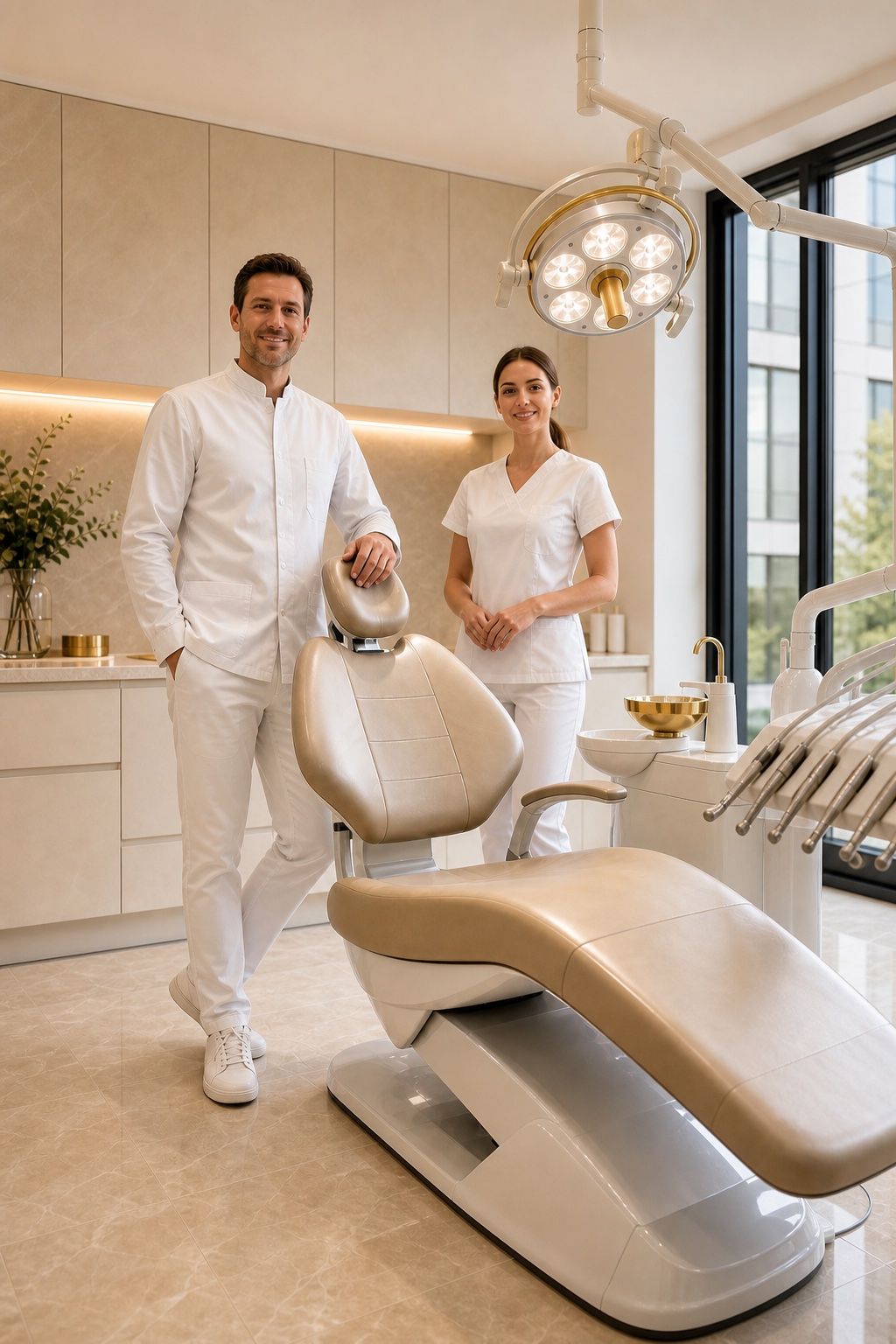 Zahnarzt und Assistenz in einem Premium-Behandlungszimmer