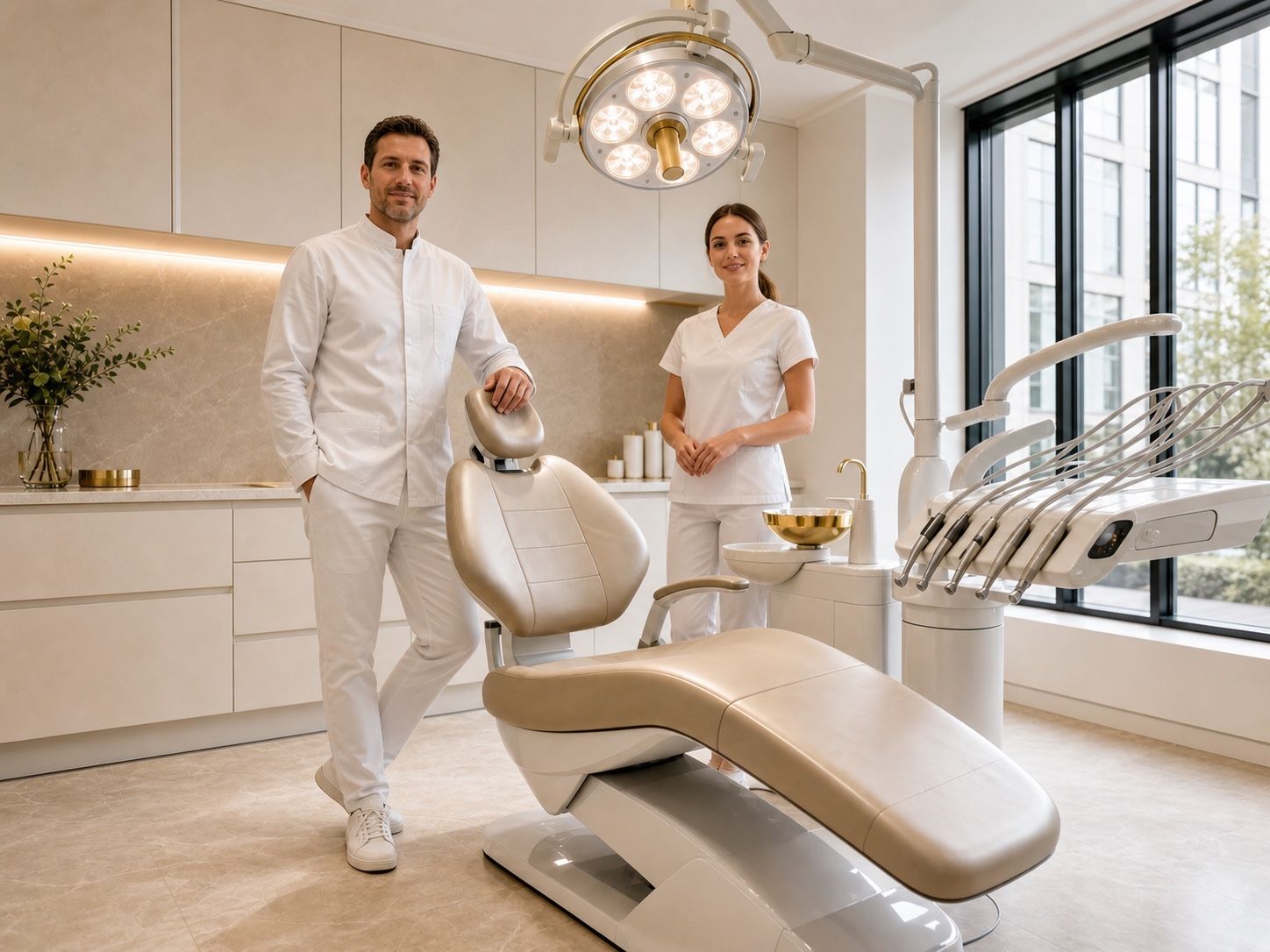 Zahnarzt und Assistenz in einem Premium-Behandlungszimmer